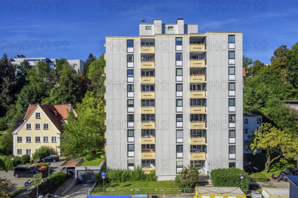 High-rise building with concrete balconies in Kempten, Allgäu, Bavaria, Germany, Europe