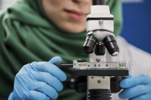 Female scientist with hijab working lab with microscope