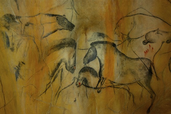 Cave painting, replica from Chauvet Cave in Southern France, Bavarian Forest National Park,