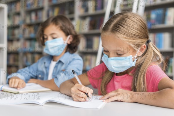 Kids doing homework while wearing face masks