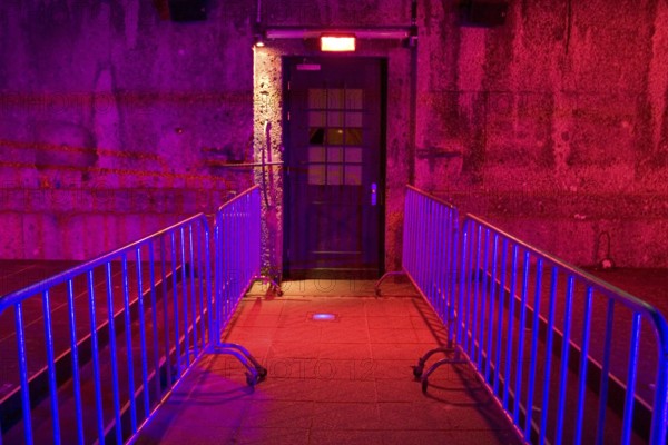 Entrance door of Disco, nightclub, discotheque P1 which means Prinzregentenstrasse 1, illuminated