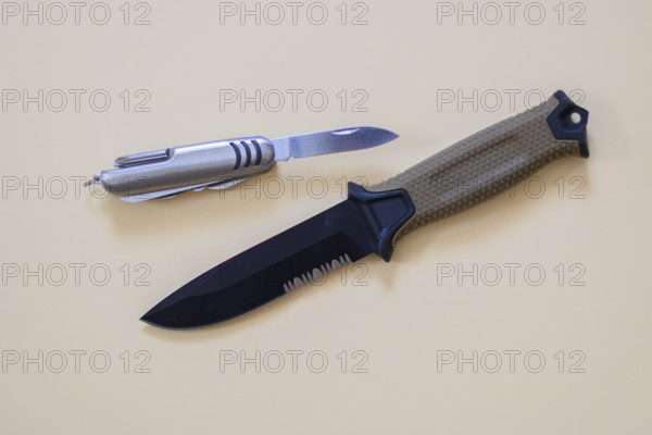 A hunting knife with a beige handle lies next to a Swiss Army knife on a cream-coloured surface