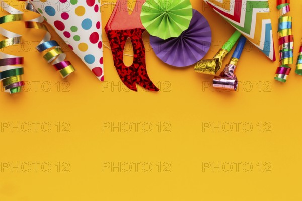 Flat lay colored masks decorations copy space