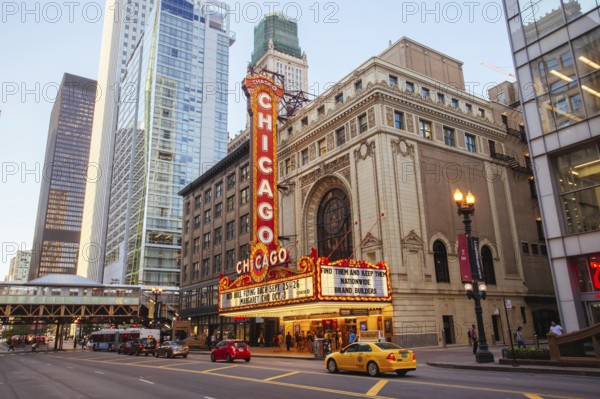 Chicago, USA, August 13 2015: Chicago theater with shows about to start on an early summer's