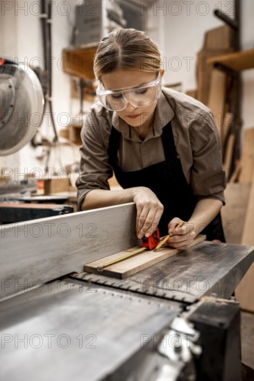 Female carpenter working studio with electric saw