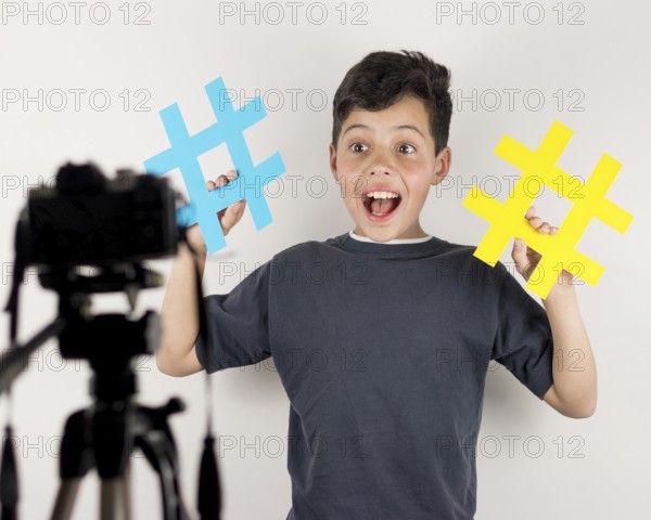 Medium shot blogger with hashtags