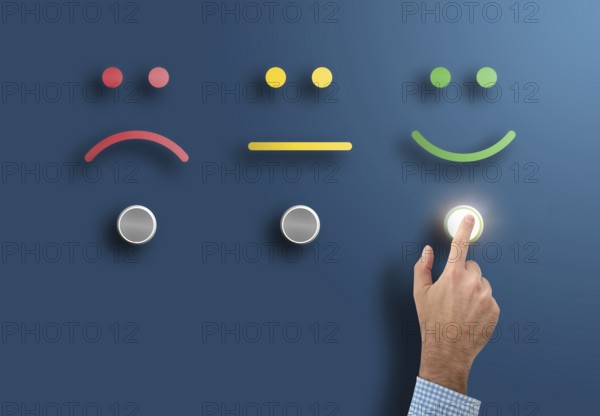 customer service rating and survey concept with hand touching interface button with smiling face