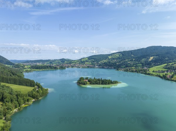 Aerial view, the island of Wörth im Schliersee, Schliersee, Upper Bavaria, Bavaria, Germany, Europe