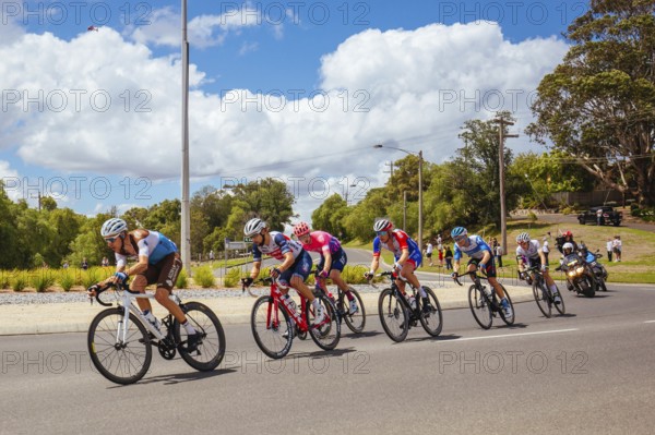 GEELONG, AUSTRALIA, FEBRUARY 2, 2020: The break away group rolls thru a roundabout during the 2020