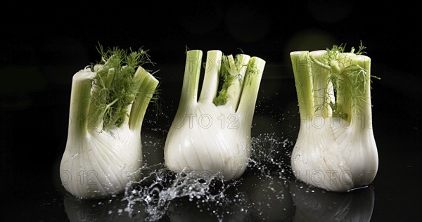 Fennel (foeniculum vulgare), Vegetable falling into Water against Black Background