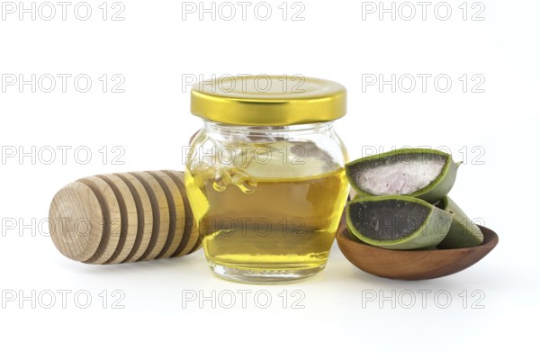 Aloe vera leaf slices showing the inside gel of the plant and honey isolated on white background,