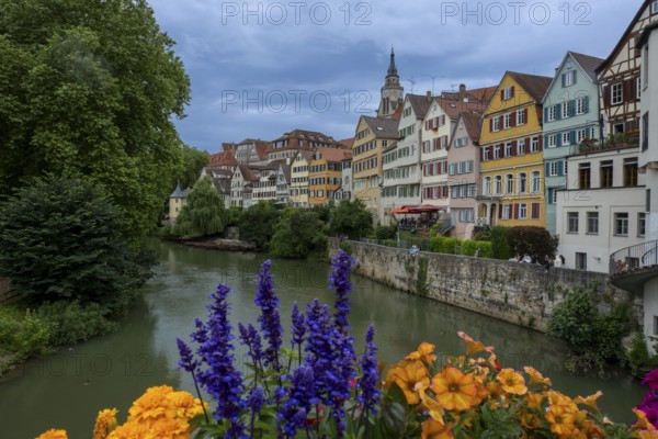 Old town houses in Tübingen with Hölderlin Tower (l.) and St George's Collegiate Church on the