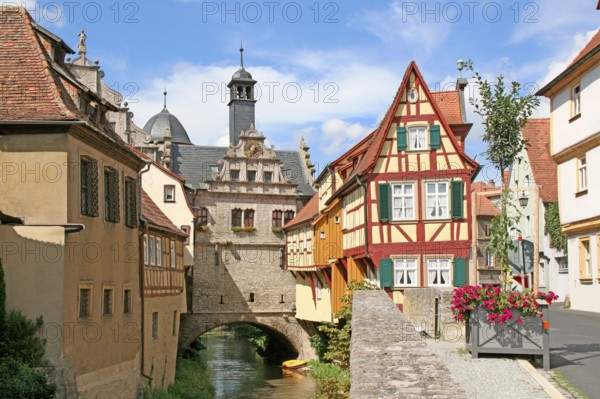 Half-timbered houses and town hall, Malerwinkel, Marktbreit, Bavaria, Brückenrathaus, Germany,