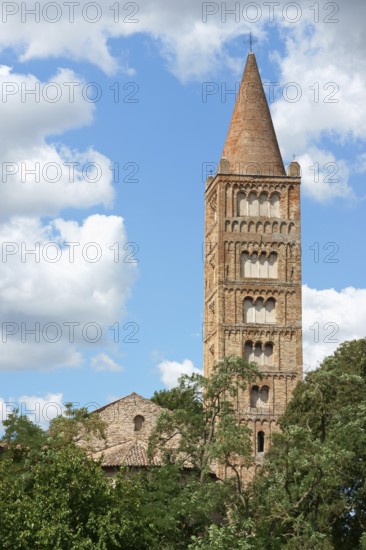 Bell tower and detail of the Church of Pomposa Abbey, a Benedictine monastery in the province of