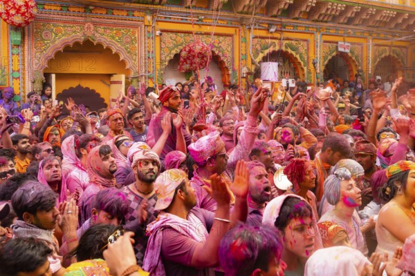 Holi Festival of Colors in Shri Krishna Temple in Mathura, India, Asia