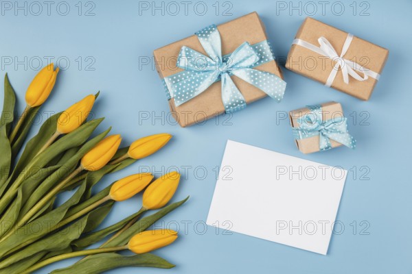 Yellow tulips with blank card gifts