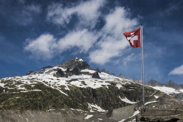 Swiss flag, Galenstock, view from Furka Pass, Rhone Glacier, Canton Valais, Switzerland, Europe