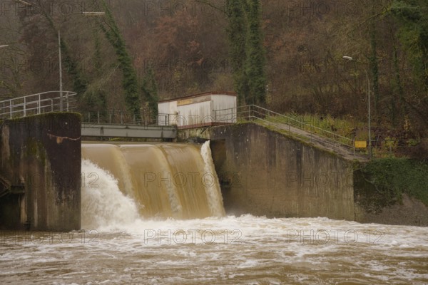 Flood at Steinbach reservoir, Kocher, Kocher valley, Schwäbisch Hall, Hohenlohe, Heilbronn-Franken,