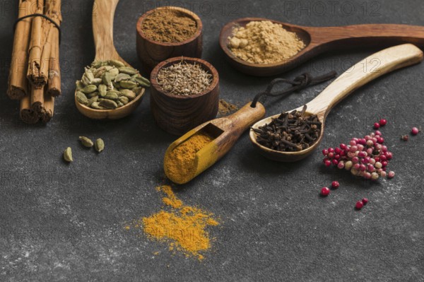 High angle wooden spoons with spices