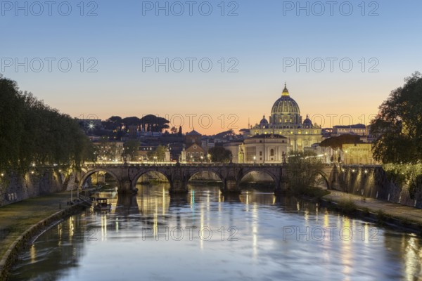 St Peter's Basilica and Ponte Sant Angelo at dusk, Rome, Italy, Europe