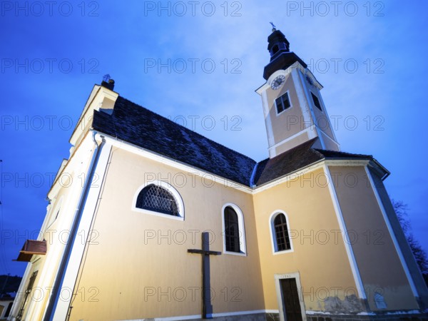 Roman Catholic parish church of St Vitus, blue hour, Söchau, south-east Styria, Styria, Austria,