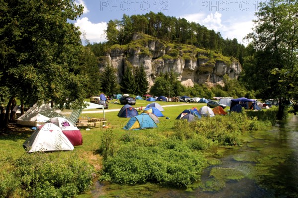 Tents at Campsite Bärenschlucht, Pottenstein, Franconian Switzerland, Bavaria, Germany, Europe
