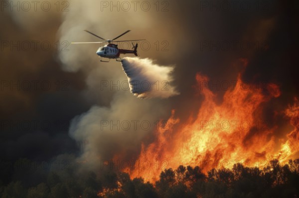 Firefighting helicopter pours water over forest fire, flames, fire inferno, climate change, heat,