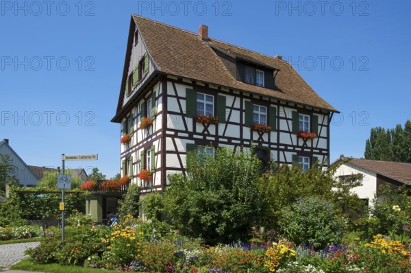 Half-timbered house on Reichenau Island, Lake Constance, Baden-Württemberg, Germany, Europe