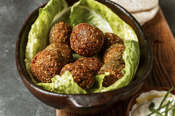 High angle bowl with lettuce falafel