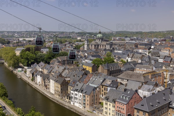 Group of three gondolas, gondola lift in the city centre of Namur, Wallonia, Belgium, Europe