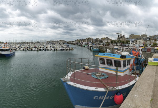France - 16 August, 2019: fishing boats and yacht marina in the harbor of Saint Vaast la Hougue in