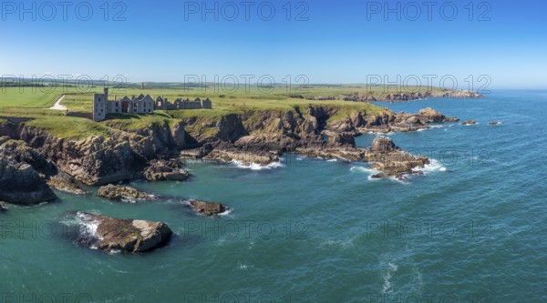 Cruden Bay, United Kingdom - 23 June, 2022: panorama drone view of Slains Castle and the wild coast