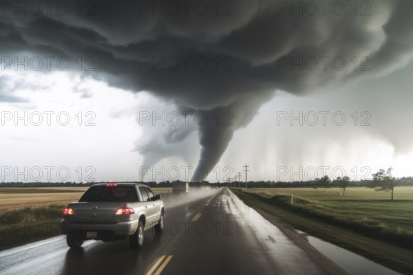 A tornado moves with great destructive force over agricultural land, car on road, natural disaster,