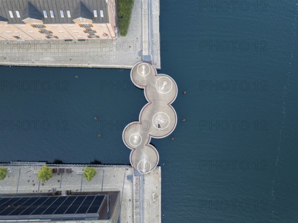 Copenhagen, Denmark, May 27, 2019: Aerial drone view of the modern Circle Bridge, a pedestrian