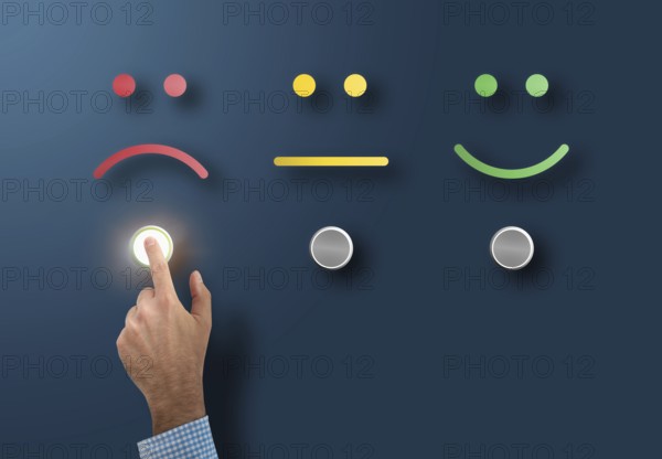 customer service rating and survey concept with dissatisfied customer touching interface button