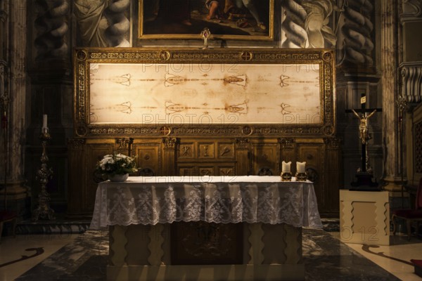 Detail of a copy of the Holy Shroud of Turin, Italy, Europe