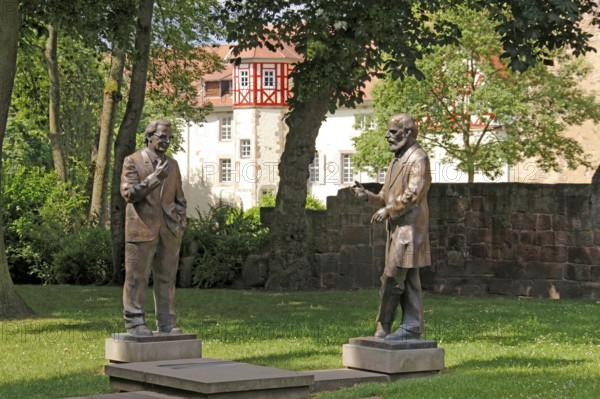 Statues of Konrad Zuse and Konrad Duden, near Stiftsruine, Bad Hersfeld, Hesse, Germany, Europe
