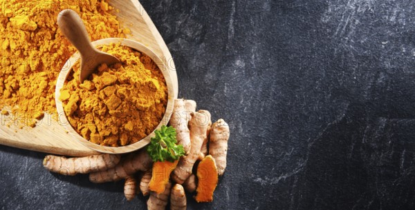 Composition with a bowl of ground turmeric and its fresh rhizome