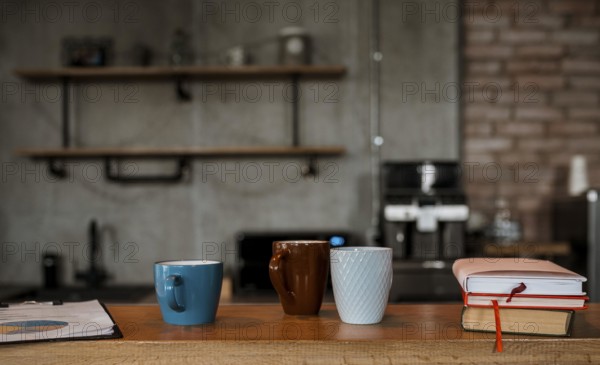 Front view coffee mugs table counter