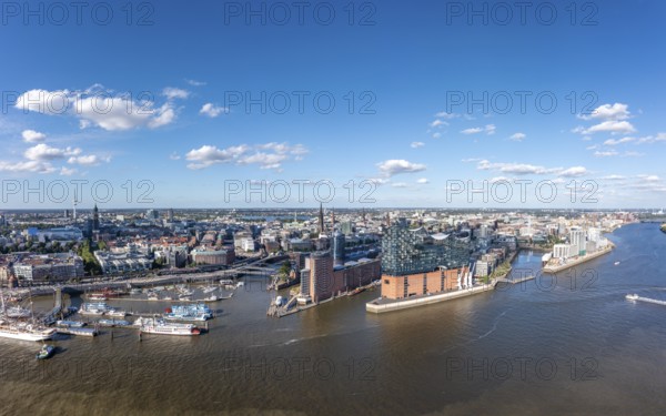 Panorama photo, drone photo, aerial photo, Hafencity, Speicherstadt, Elbe, Steinwerder, Elbe