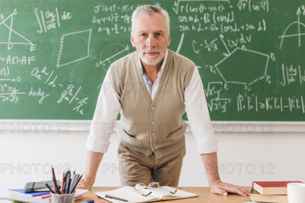 Positive aged math teacher leaning desk