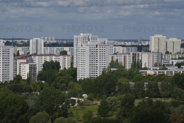 View over the Gärten der Welt to residential buildings, Marzahn-Hellersdorf district, Berlin,