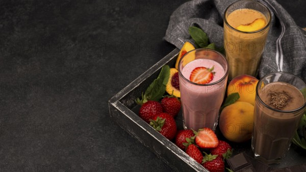 High angle milkshake glasses tray with chocolate fruits