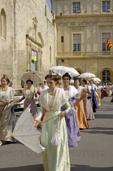 Women in historical costumes, Arlesiennes, Fete du Costume, Arles, Bouches-du-Rhone, Provence,