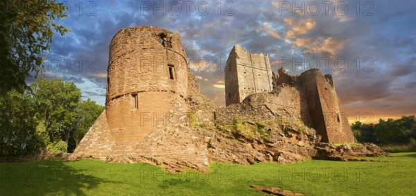 The 12th century medieval Norman ruins of Goodrich Castle fortifications, Goodrich, Herefordshire,