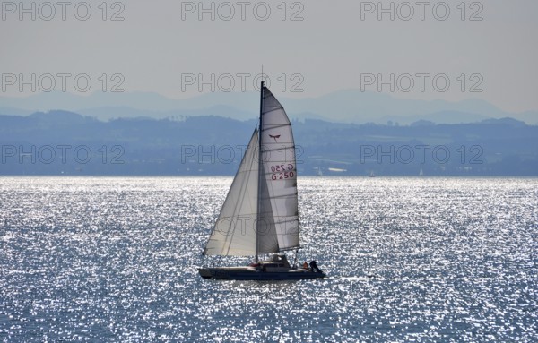 On Lake Constance, sailing boat in motion, view of the Alps