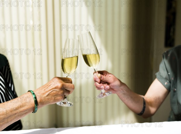 detail view of a grandmother toasting with champagne glasses with her daughter