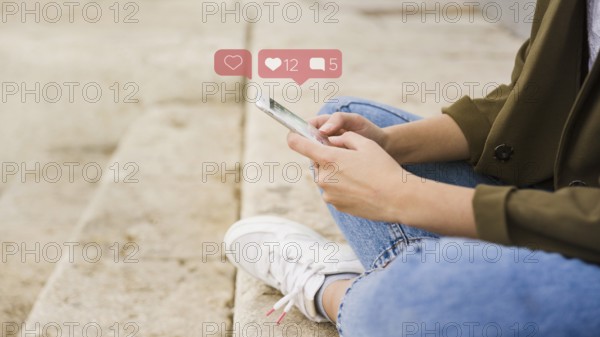 Close up woman sitting stairs using social media app mobile
