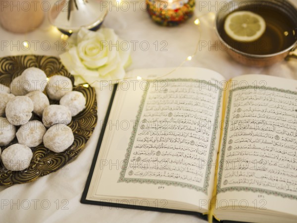 Top view quran with tea pastry. Resolution and high quality beautiful photo