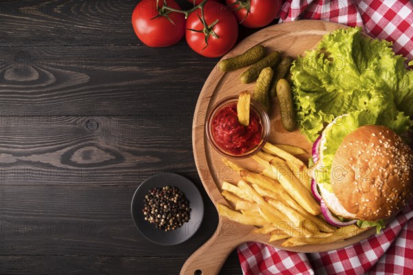 Composition delicious hamburger fries with copy space